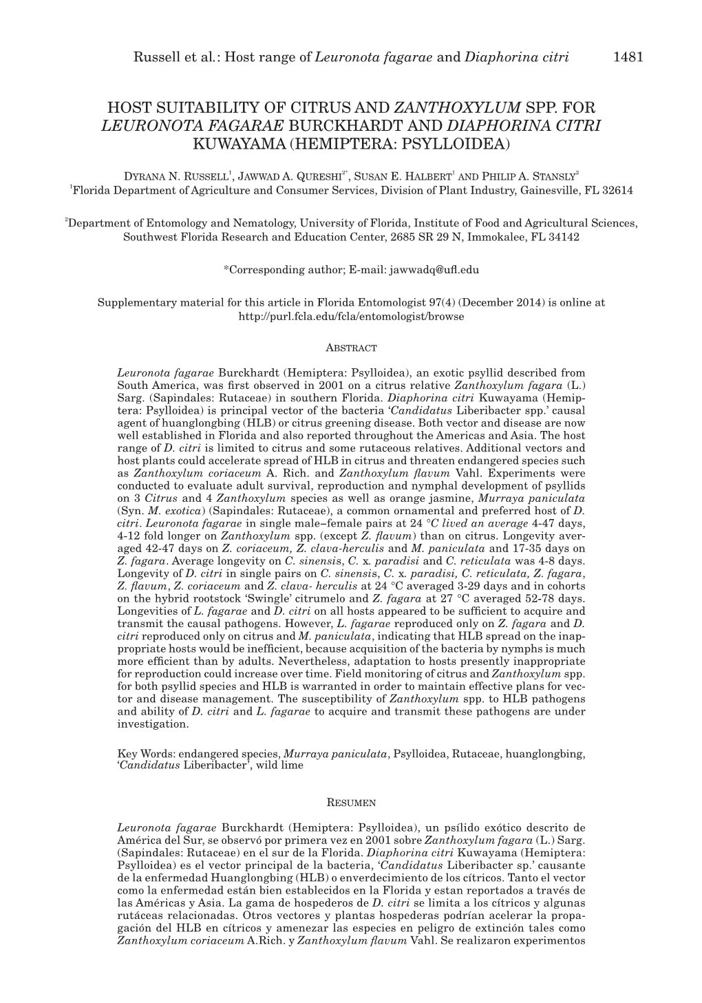 Host Suitability of Citrus and Zanthoxylum Spp. for Leuronota Fagarae Burckhardt and Diaphorina Citri Kuwayama (Hemiptera: Psylloidea)