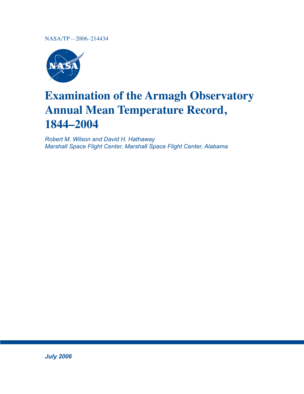 Examination of the Armagh Observatory Annual Mean Temperature Record, 1844–2004 Robert M