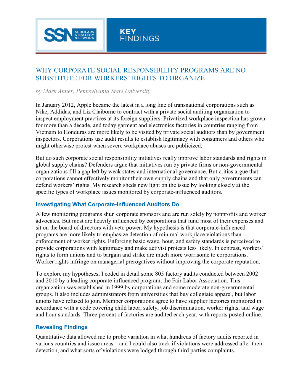 SSN Key Findings Anner on Corporate Social Responsibility