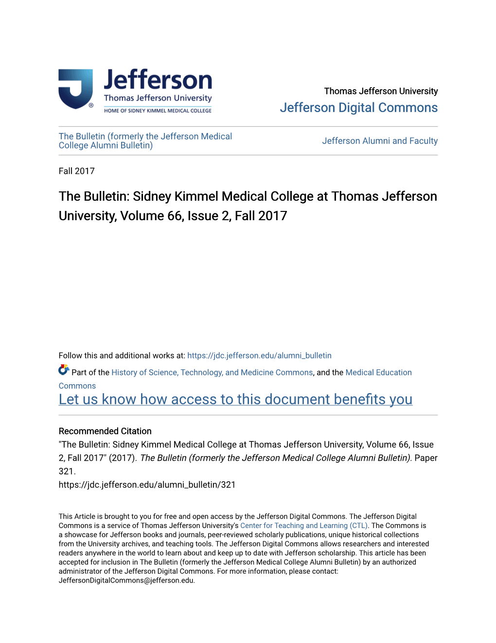 The Bulletin: Sidney Kimmel Medical College at Thomas Jefferson University, Volume 66, Issue 2, Fall 2017