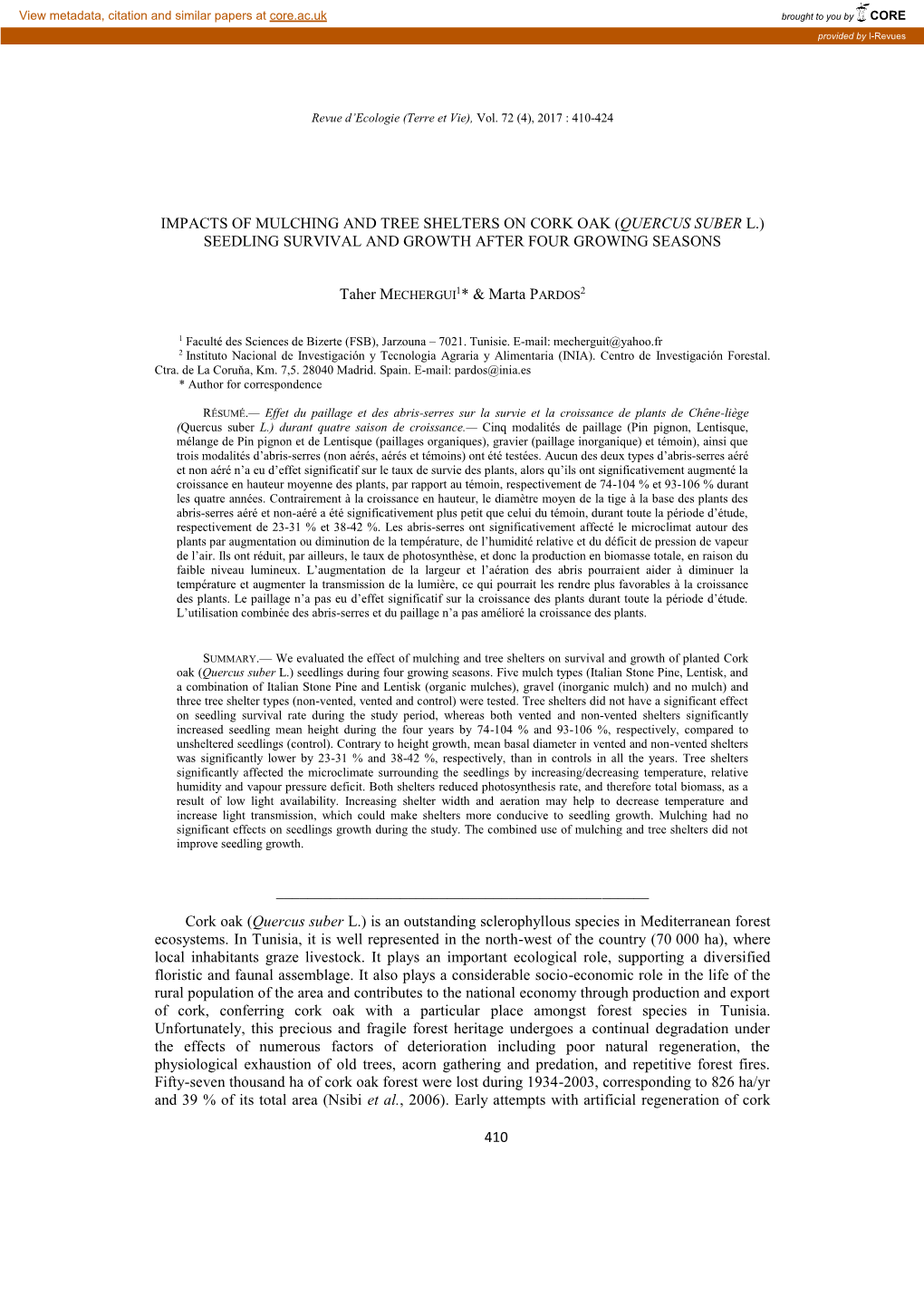 Quercus Suber L.) Seedling Survival and Growth After Four Growing Seasons