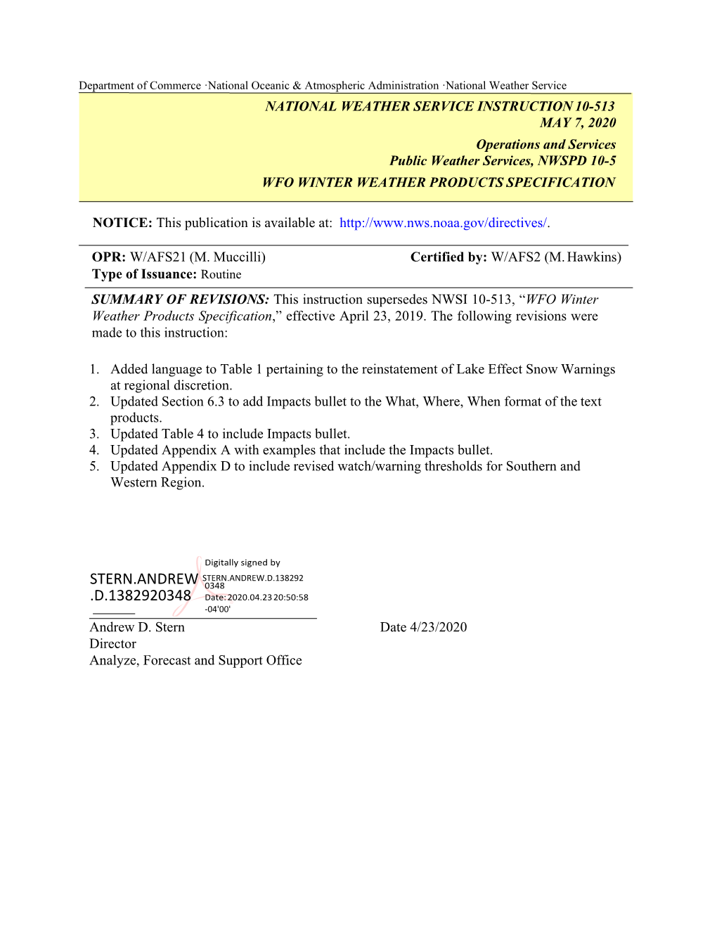 NWSI 10-513 WFO Winter Weather Products Specifications