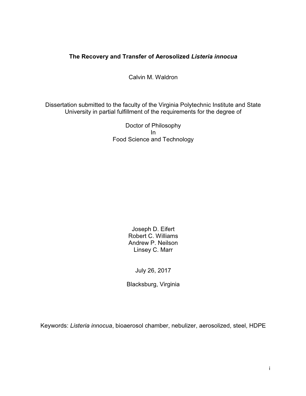 The Recovery and Transfer of Aerosolized Listeria Innocua Calvin