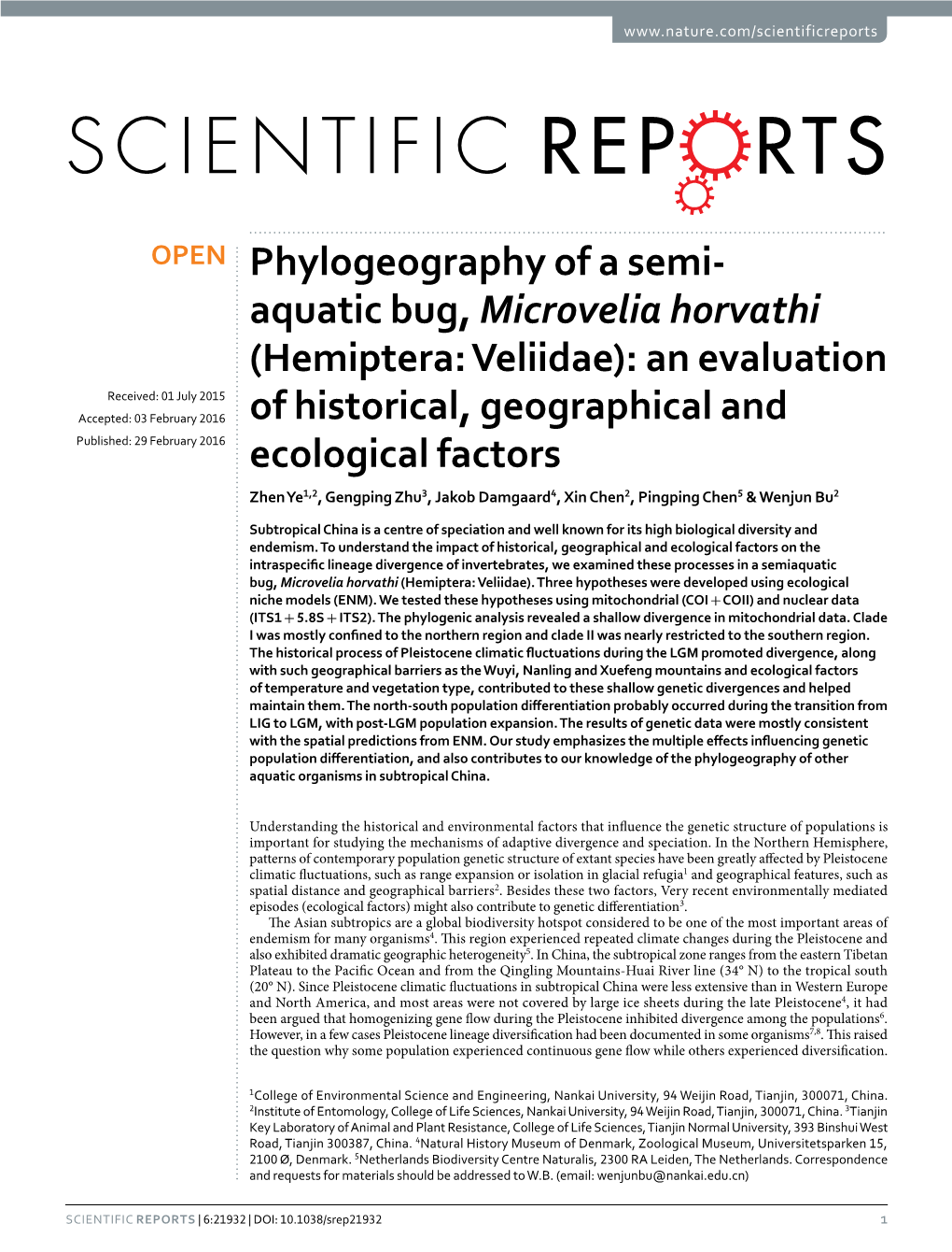 Phylogeography of a Semi-Aquatic Bug, Microvelia Horvathi (Hemiptera: Veliidae): an Evaluation of Historical, Geographical and Ecological Factors