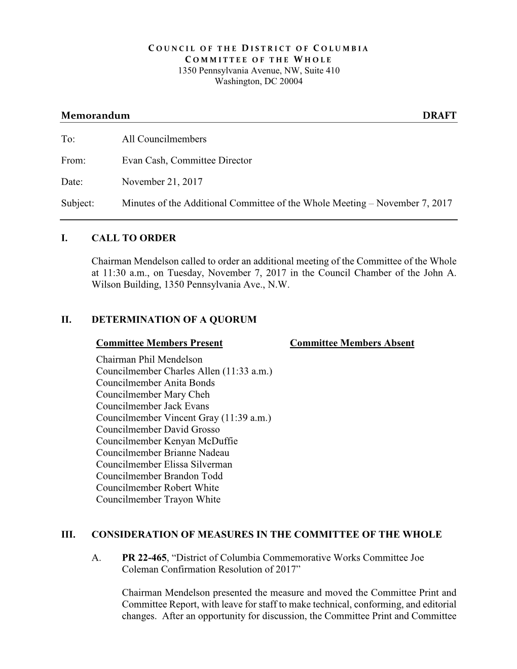 Minutes of the Additional Committee of the Whole Meeting – November 7, 2017