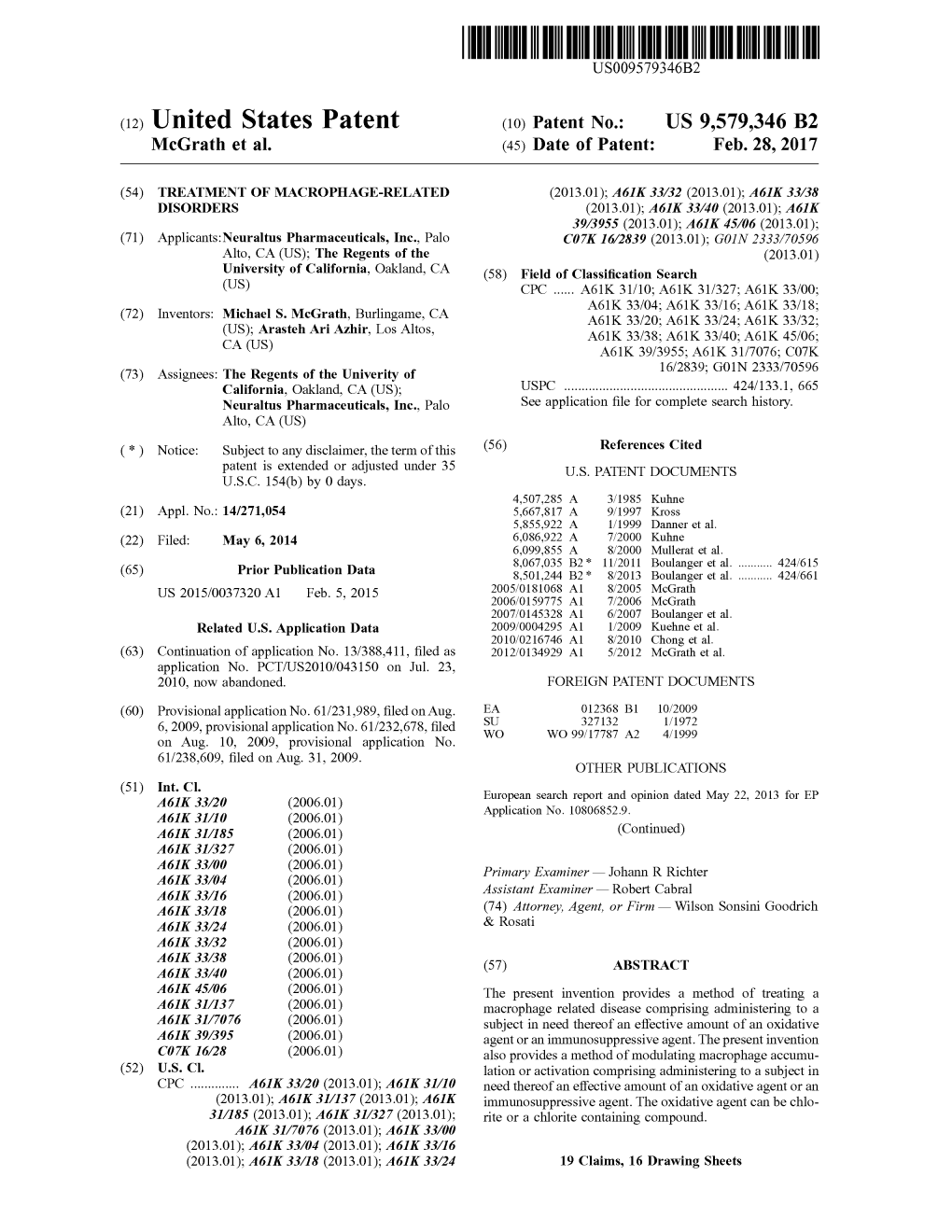 (12) United States Patent (10) Patent No.: US 9,579.346 B2 Mcgrath Et Al