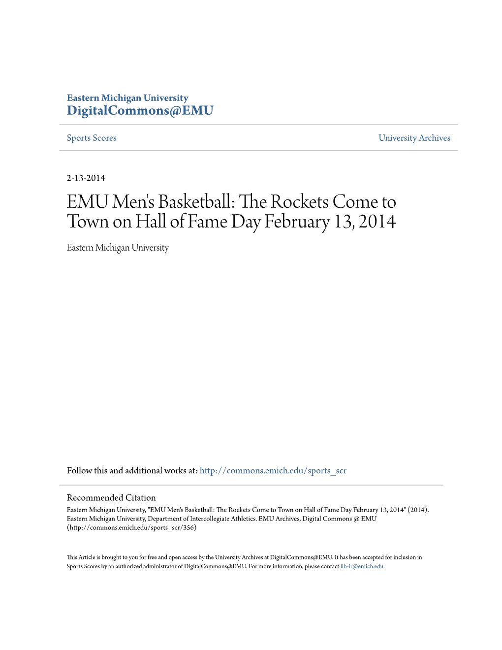 EMU Men's Basketball: the Rockets Come to Town on Hall of Fame Day February 13, 2014 Eastern Michigan University