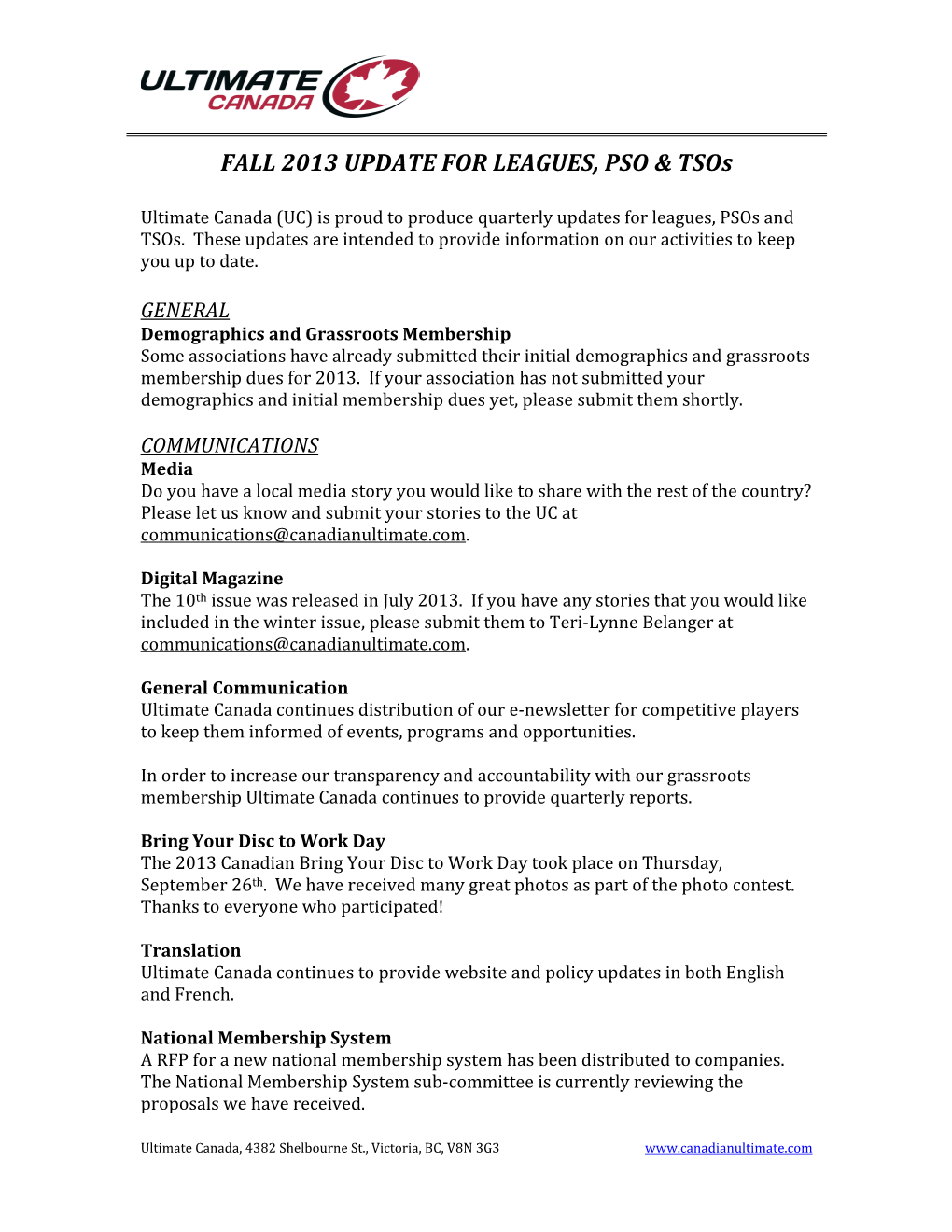 FALL 2013 UPDATE for LEAGUES, PSO & Tsos