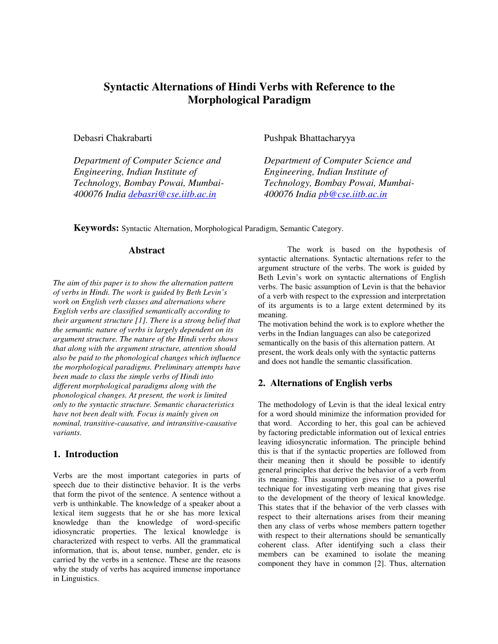 Syntactic Alternations of Hindi Verbs with Reference to the Morphological Paradigm