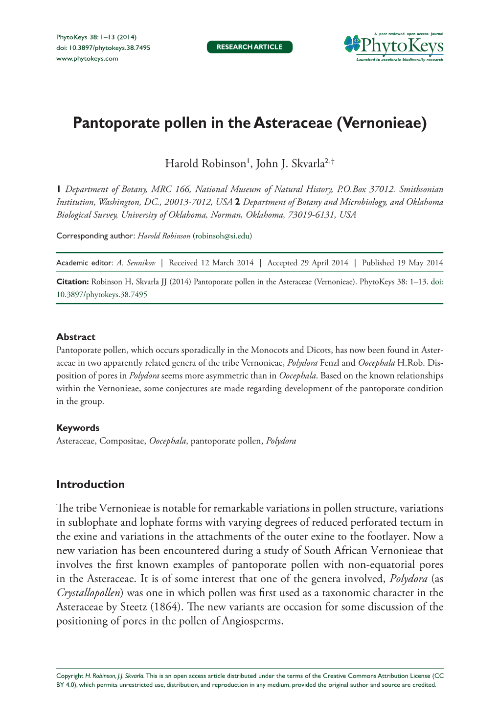 Pantoporate Pollen in the Asteraceae (Vernonieae) 1 Doi: 10.3897/Phytokeys.38.7495 RESEARCH ARTICLE Launched to Accelerate Biodiversity Research