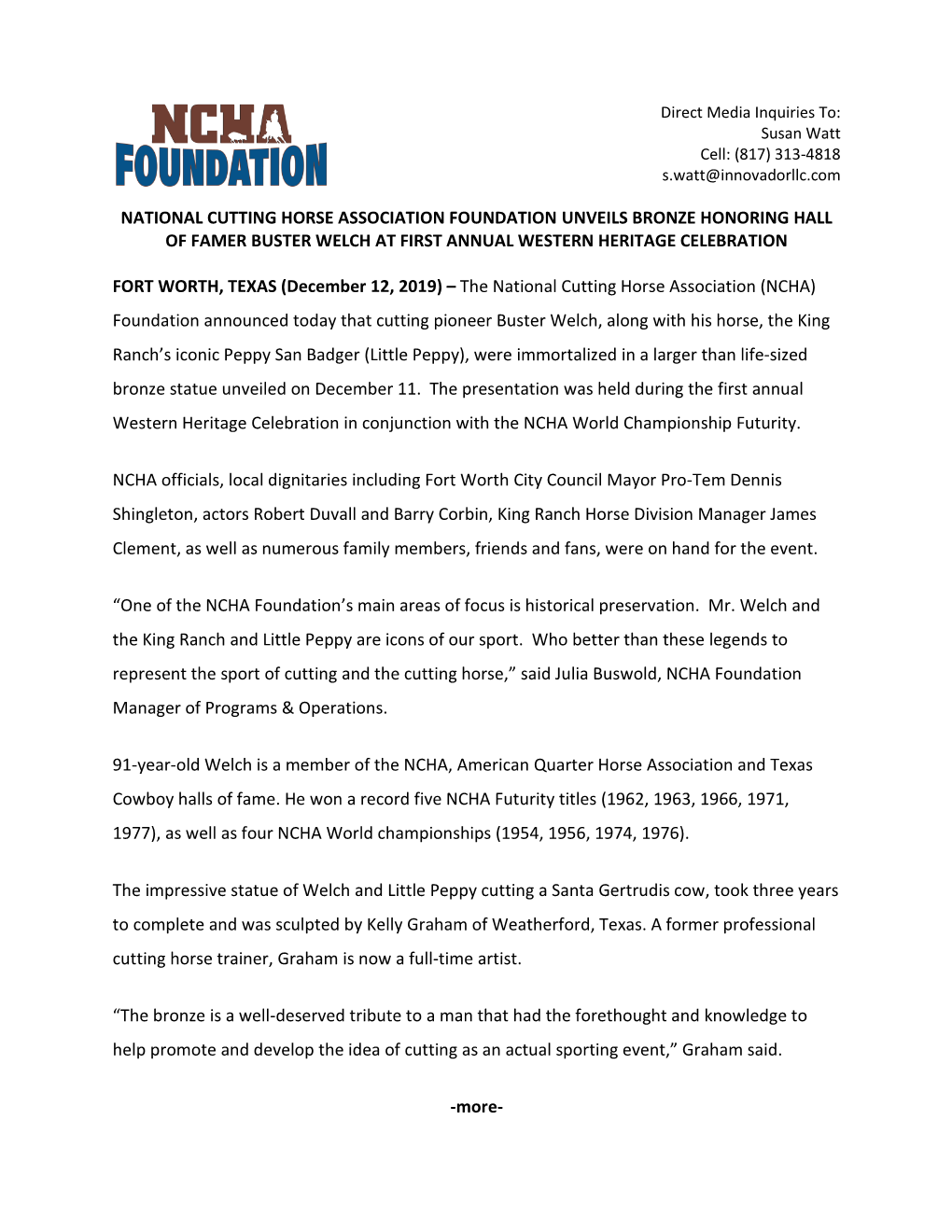 National Cutting Horse Association Foundation Unveils Bronze Honoring Hall of Famer Buster Welch at First Annual Western Heritage Celebration