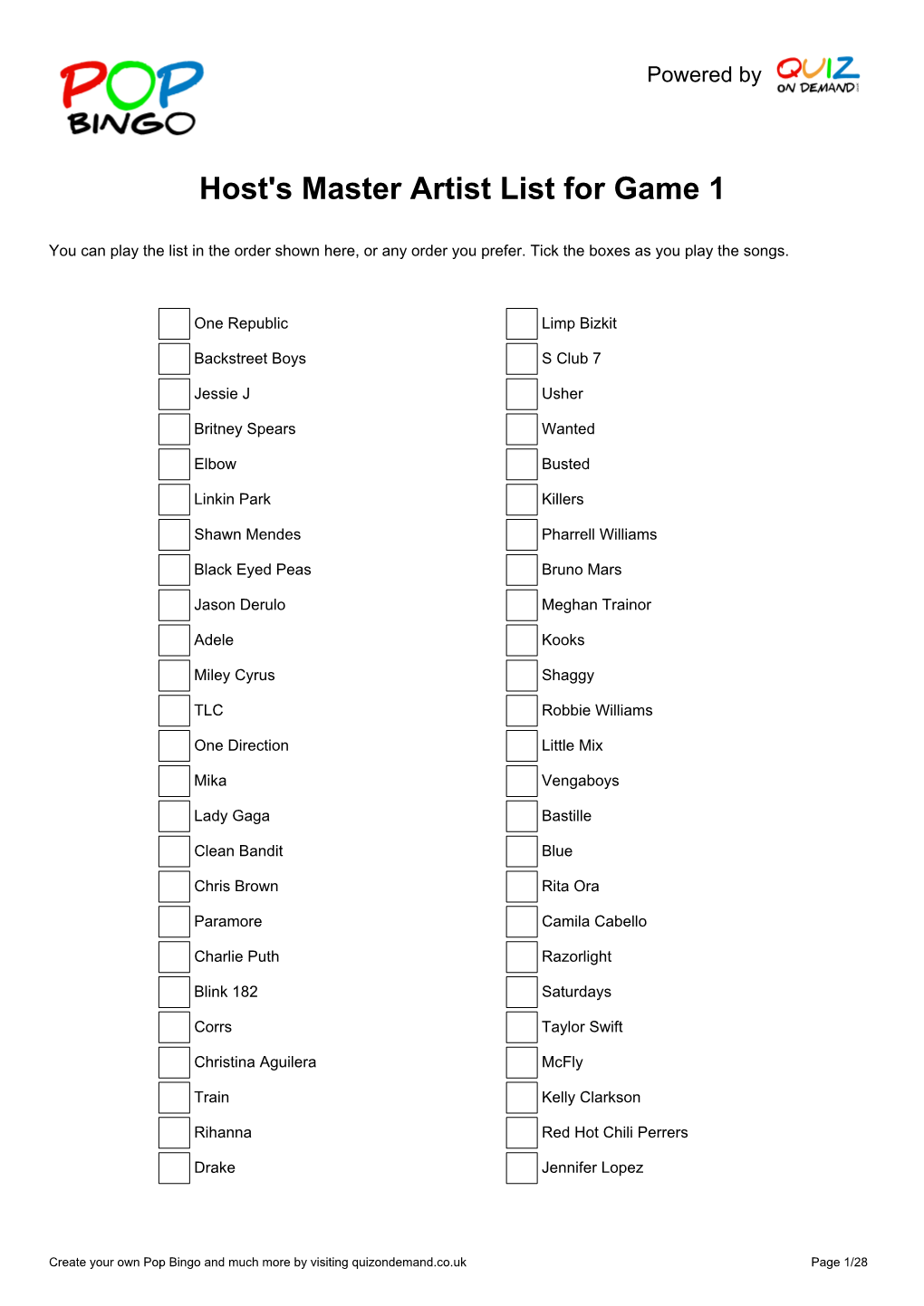 Host's Master Artist List for Game 1