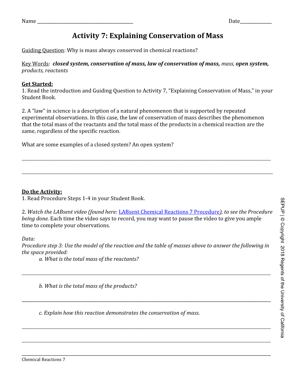 Activity 7: Explaining Conservation of Mass