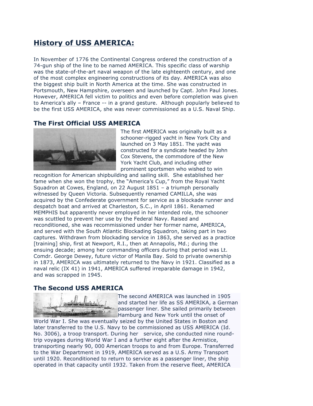 History of USS AMERICA