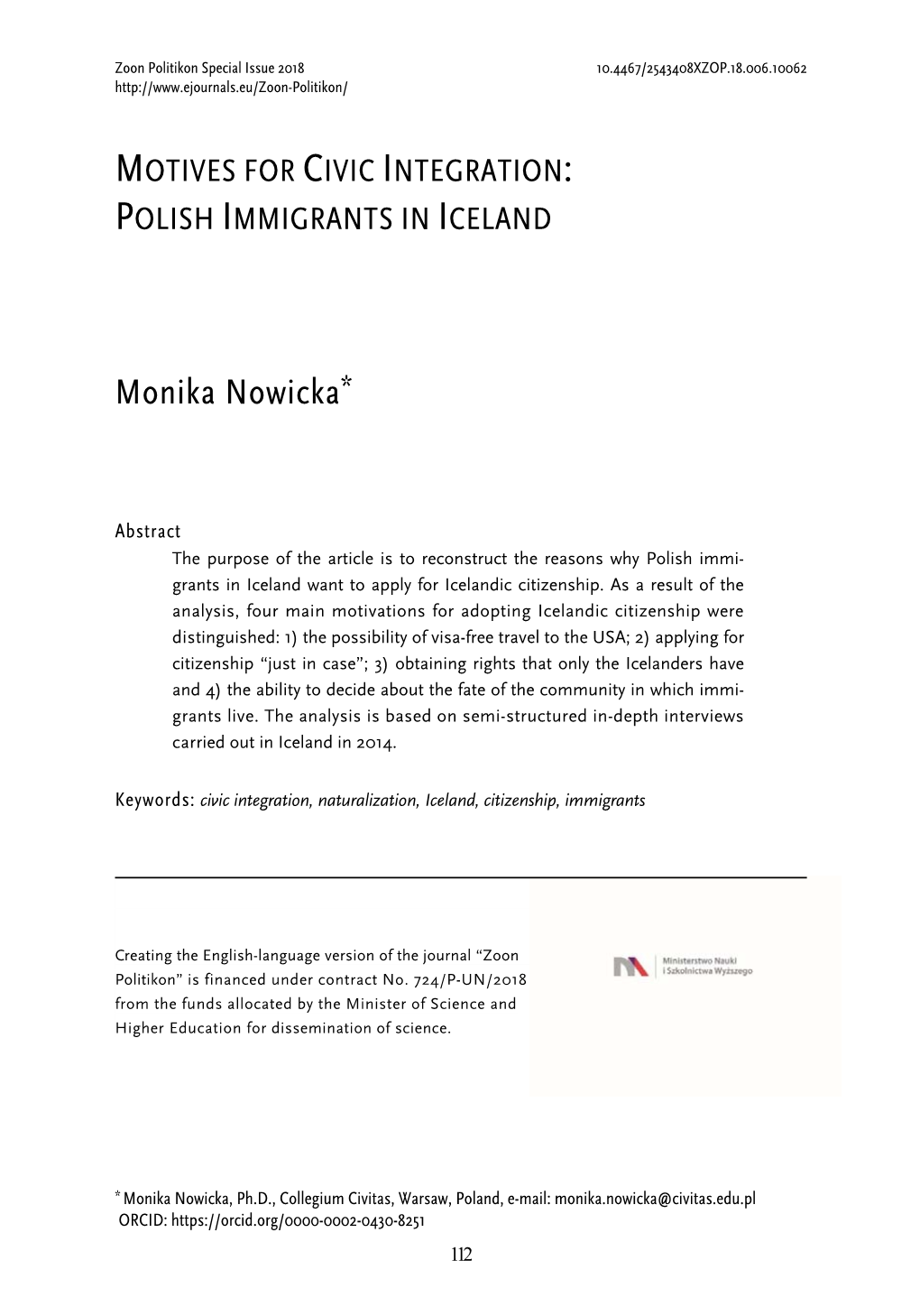 Motives for Civic Integration: Polish Immigrants in Iceland