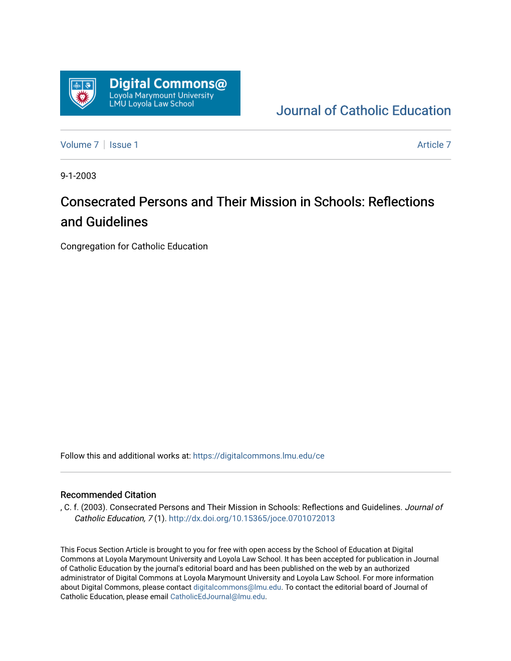 Consecrated Persons and Their Mission in Schools: Reflections and Guidelines