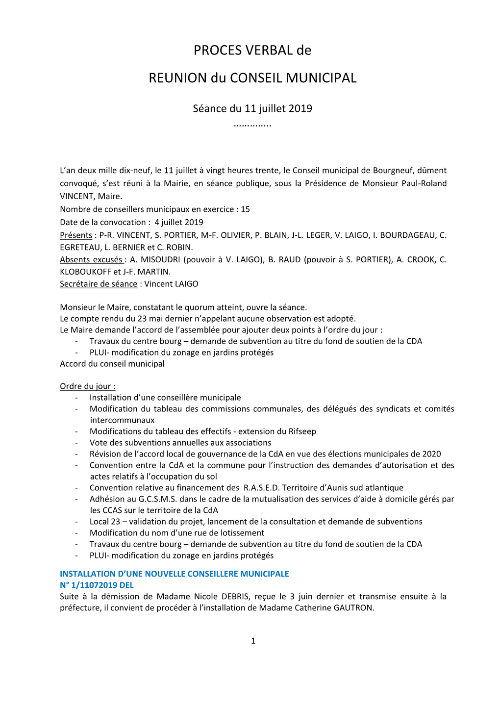 PROCES VERBAL De REUNION Du CONSEIL MUNICIPAL