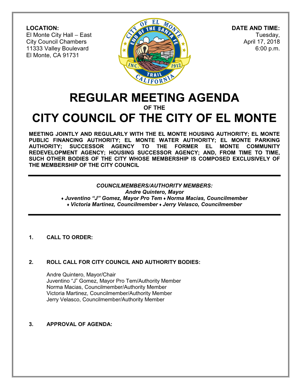 Regular Meeting Agenda City Council of the City of El