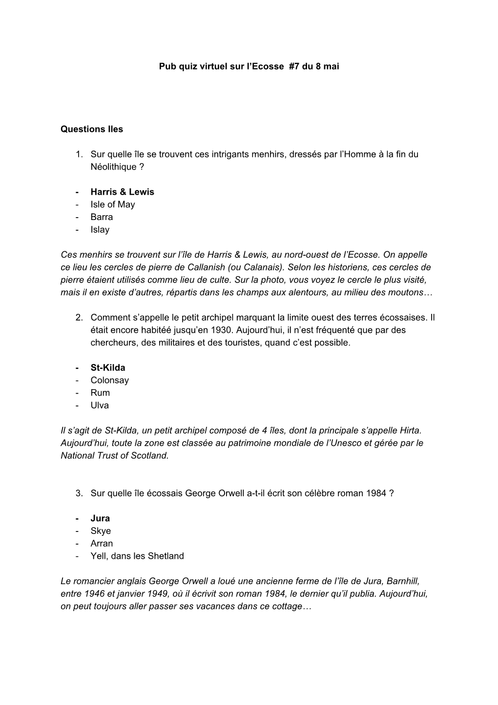 Pub Quiz Virtuel Sur L'ecosse #7 Du 8 Mai Questions Iles 1. Sur Quelle Île