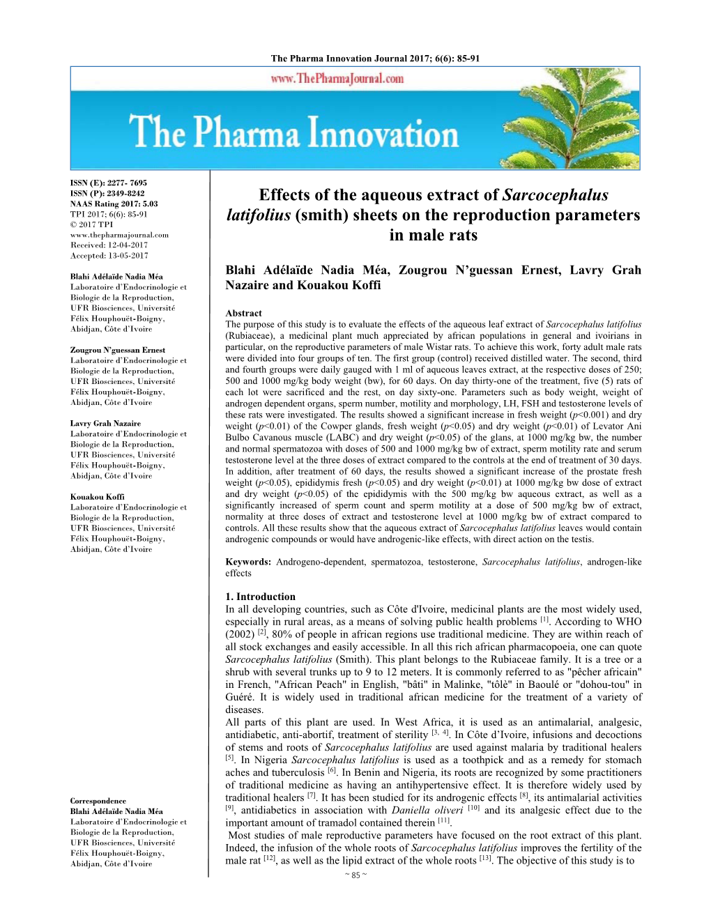 Effects of the Aqueous Extract of Sarcocephalus Latifolius (Smith