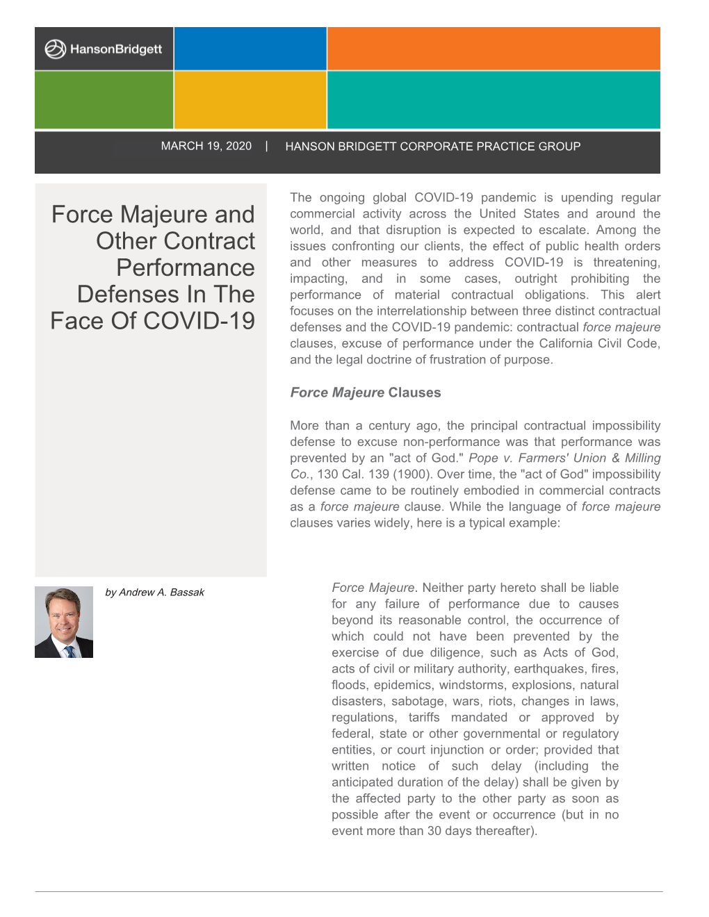 Force Majeure and Other Contract Performance Defenses in the Face