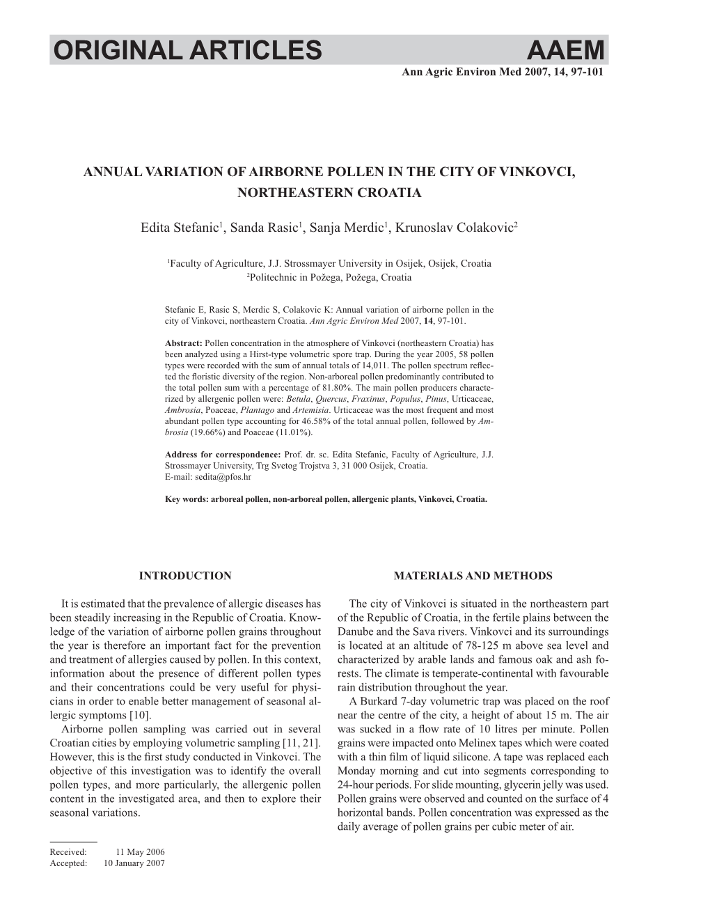 ORIGINAL ARTICLES AAEM Ann Agric Environ Med 2007, 14, 97-101