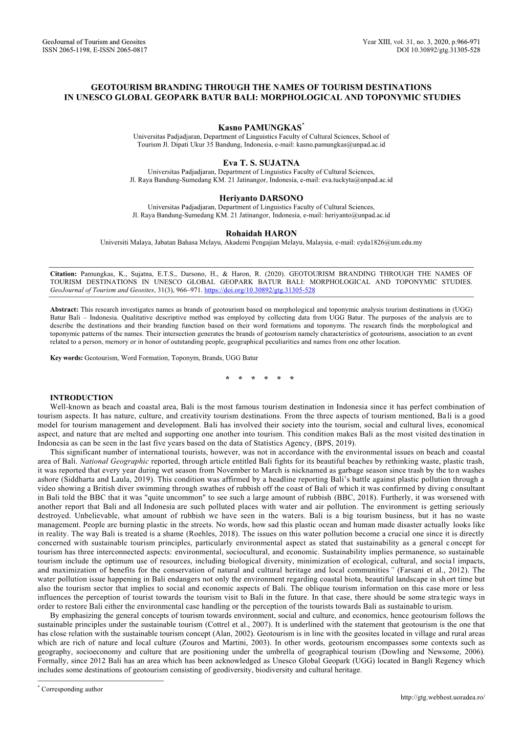 Geotourism Branding Through the Names of Tourism Destinations in Unesco Global Geopark Batur Bali: Morphological and Toponymic Studies