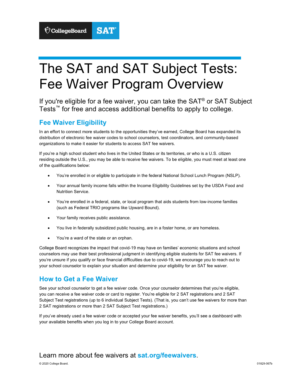 The SAT and SAT Subject Tests: Fee Waiver Program Overview
