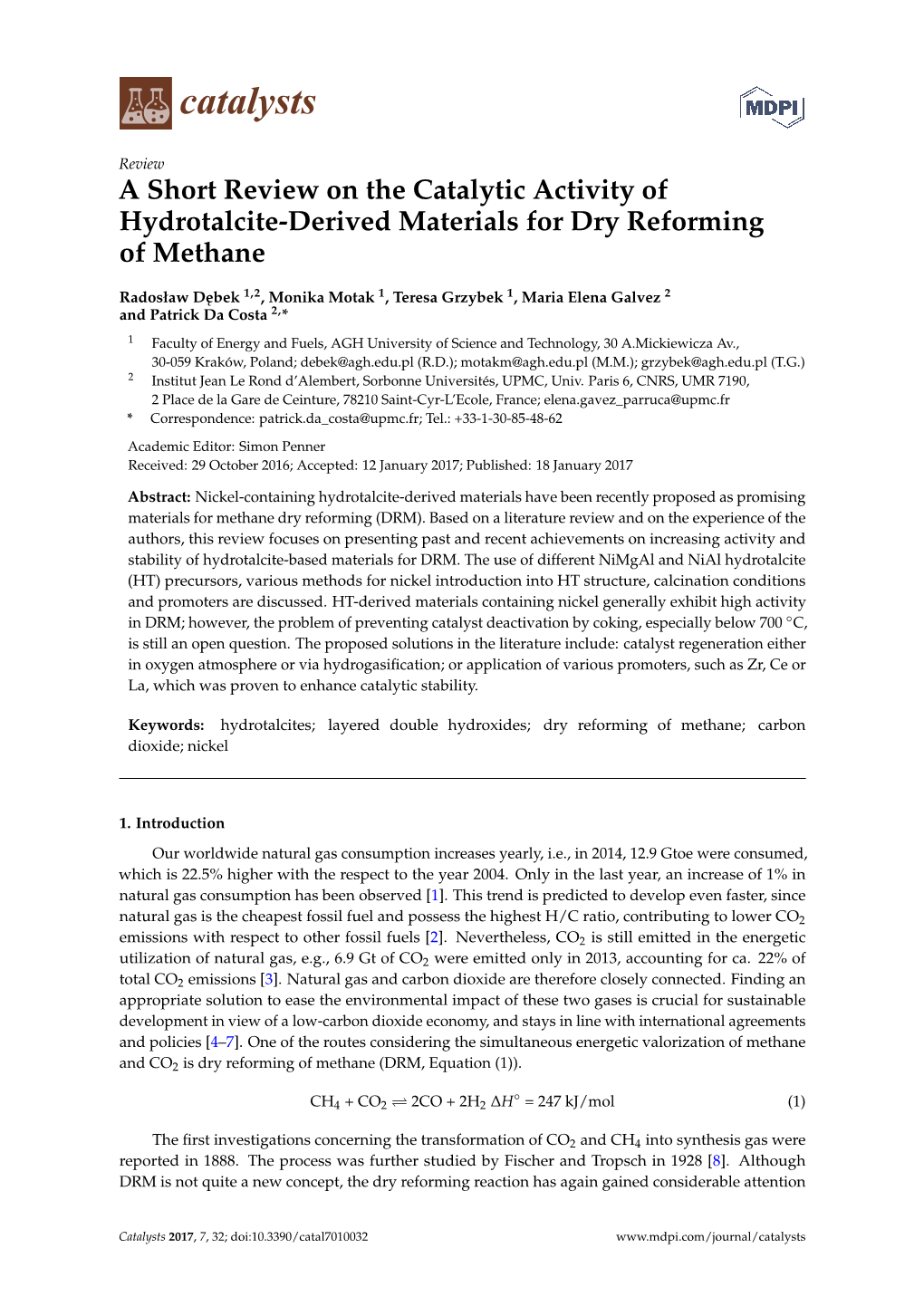 A Short Review on the Catalytic Activity of Hydrotalcite-Derived Materials for Dry Reforming of Methane