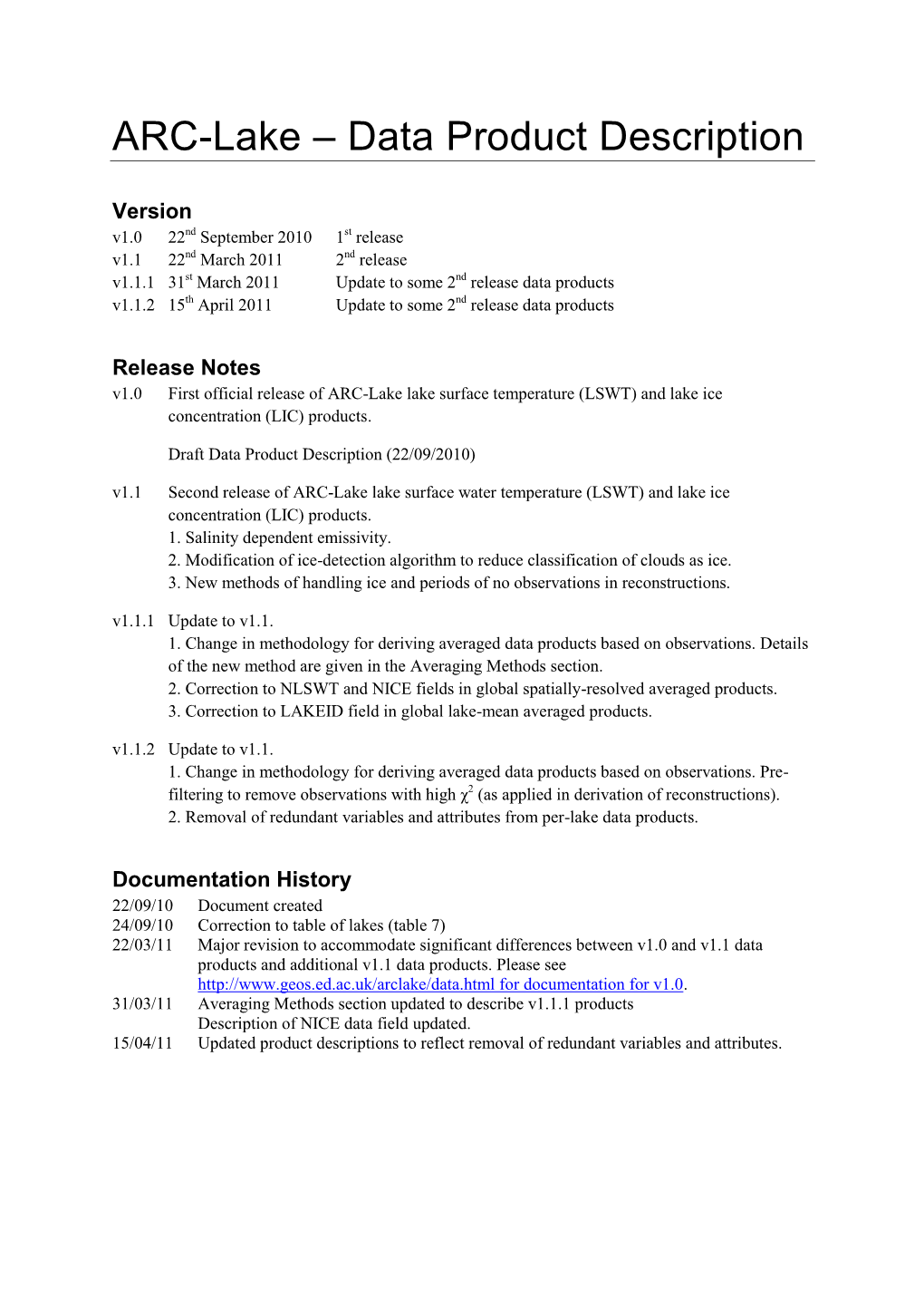 ARC-Lake – Data Product Description