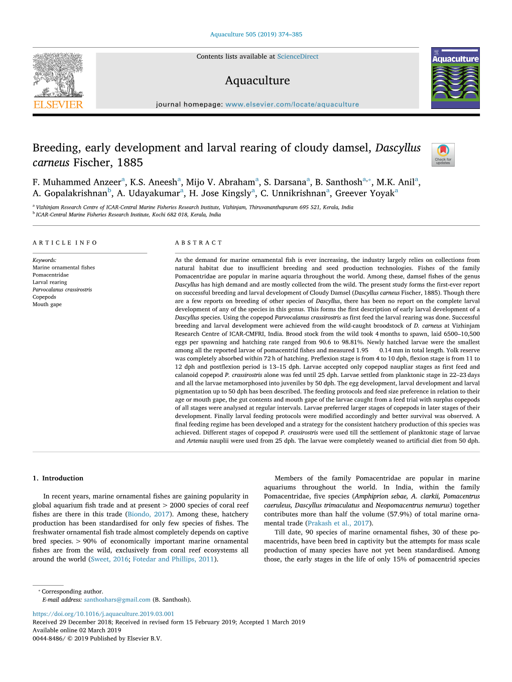 Breeding, Early Development and Larval Rearing of Cloudy Damsel, Dascyllus Carneus Fischer, 1885 T ⁎ F