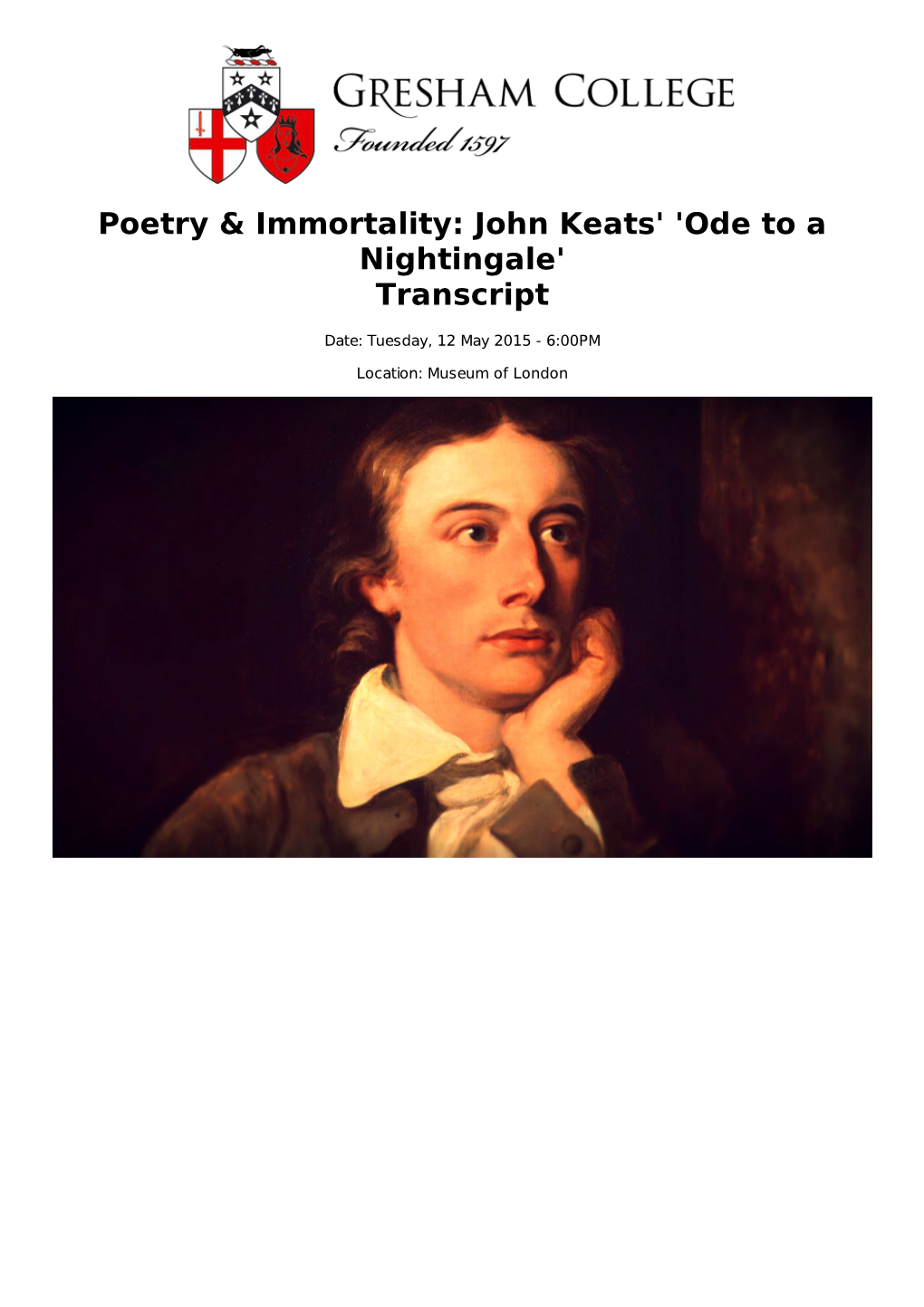 Poetry & Immortality: John Keats' 'Ode to a Nightingale' Transcript