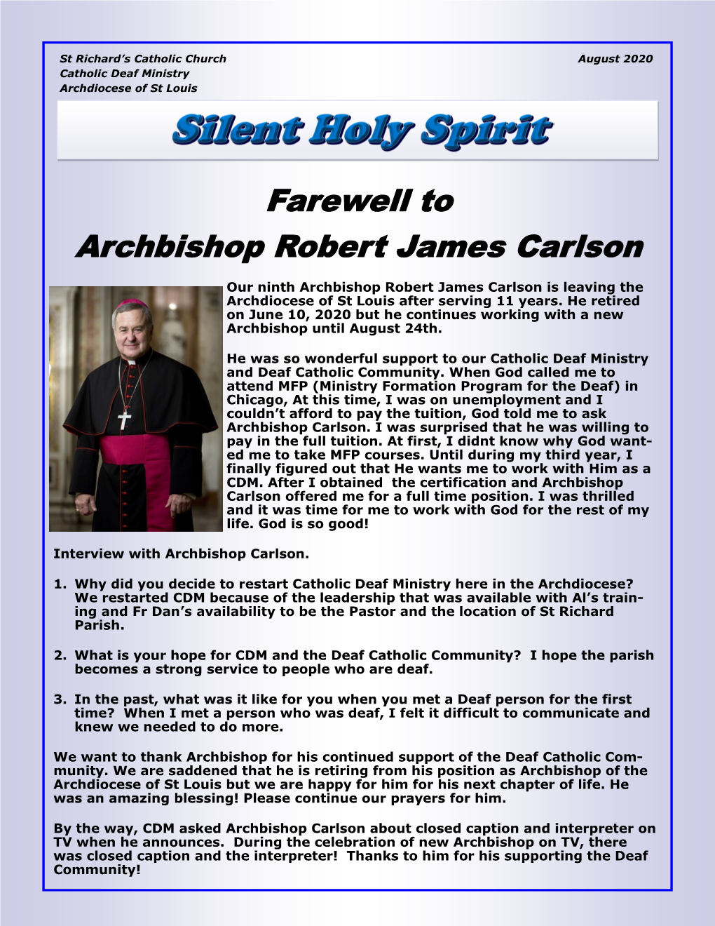 Farewell to Archbishop Robert James Carlson