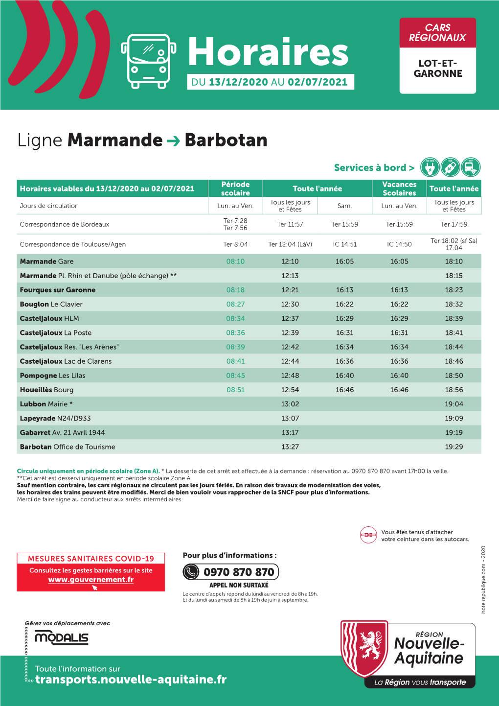 Horaires LOT-ET- GARONNE DU 13/12/2020 AU 02/07/2021