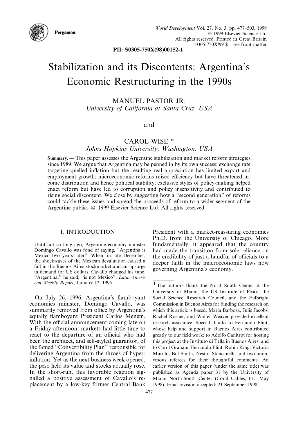 Stabilization and Its Discontents: Argentina's Economic Restructuring in the 1990S