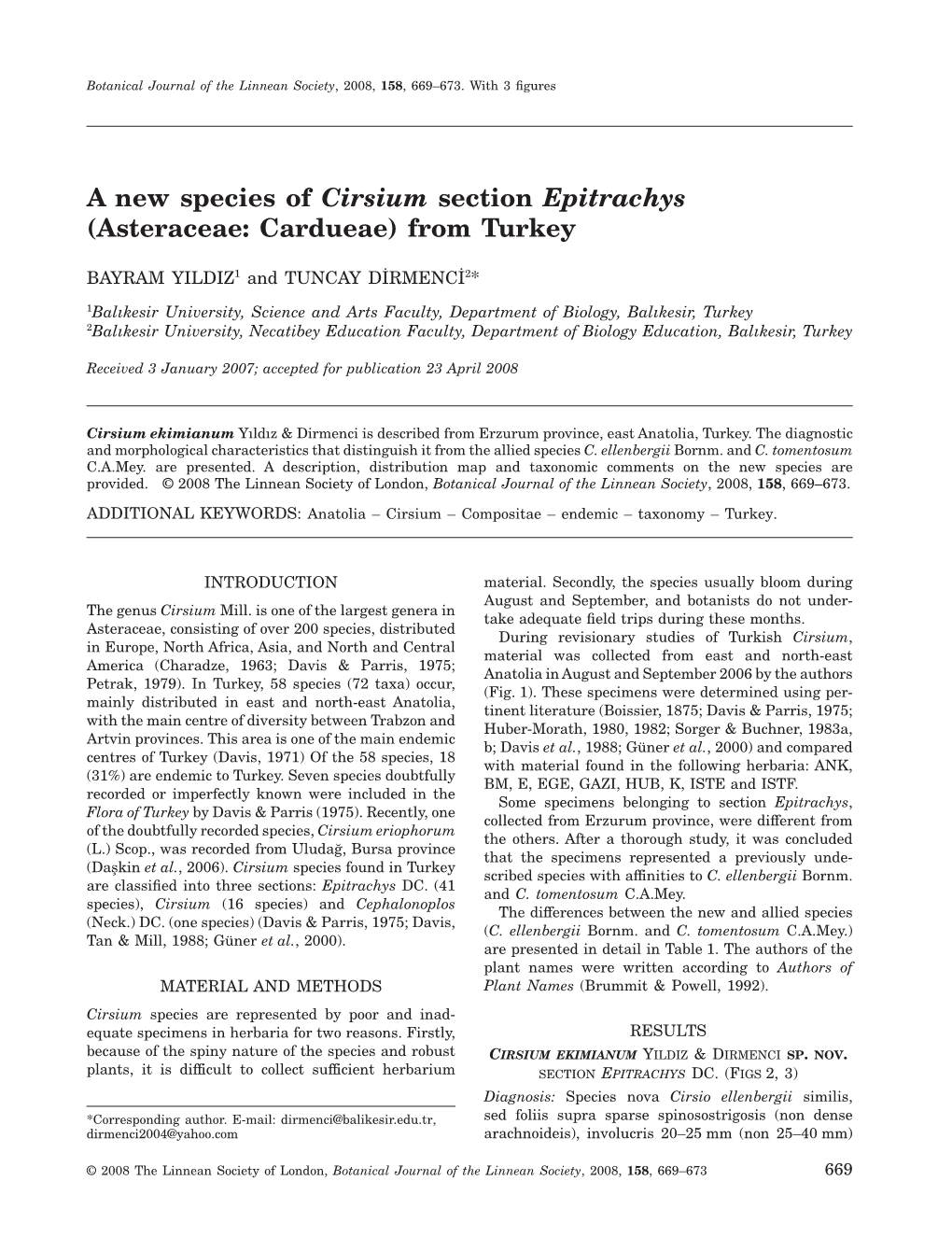A New Species of Cirsium Section Epitrachys (Asteraceae: Cardueae) from Turkey