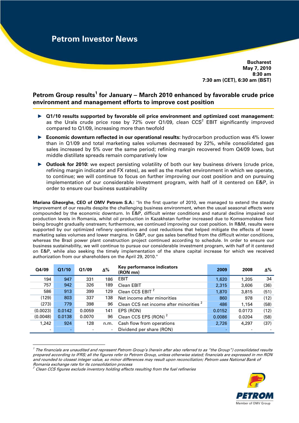 Petrom Investor News