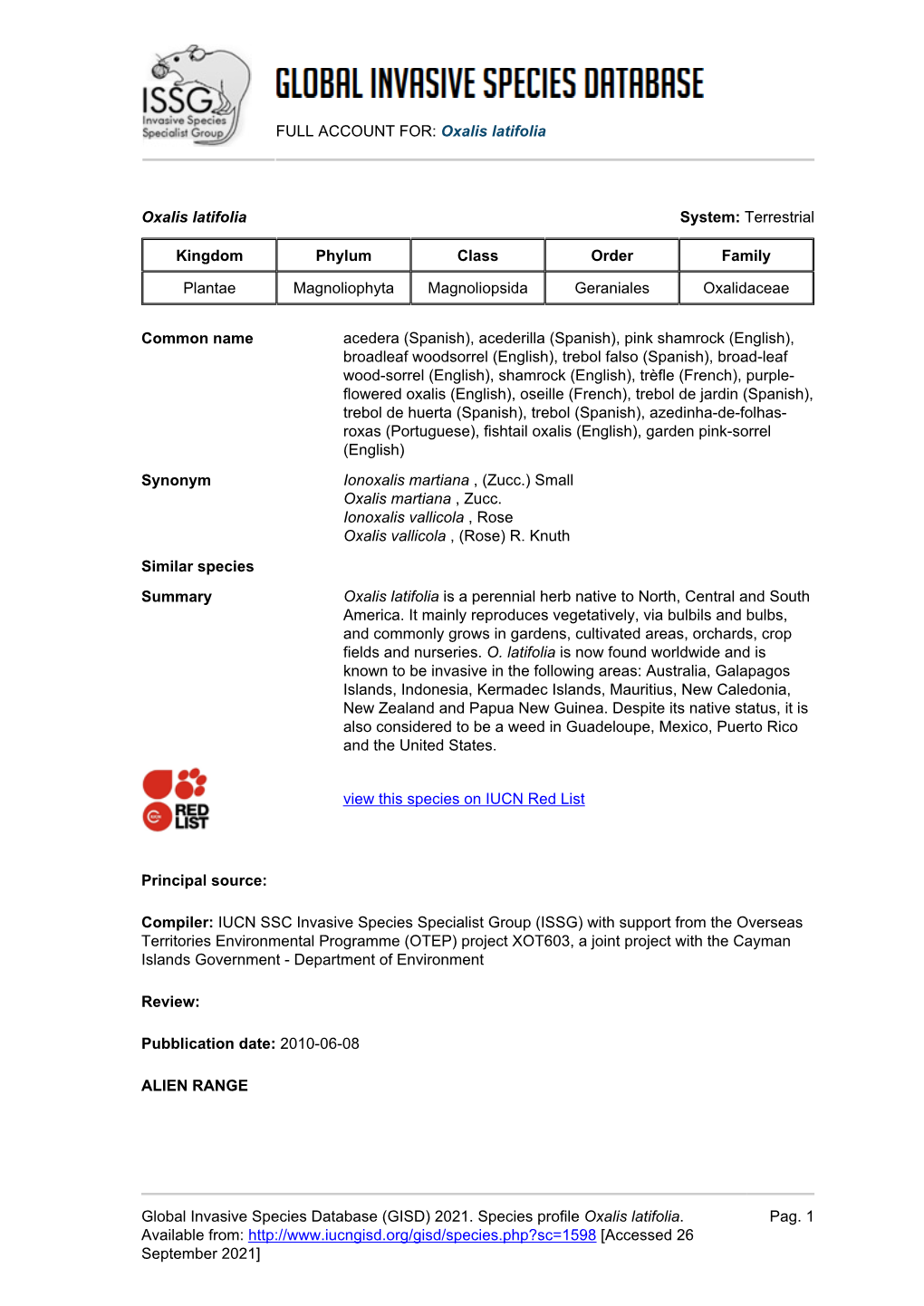 FULL ACCOUNT FOR: Oxalis Latifolia Global Invasive Species Database (GISD) 2021. Species Profile Oxalis Latifolia. Available