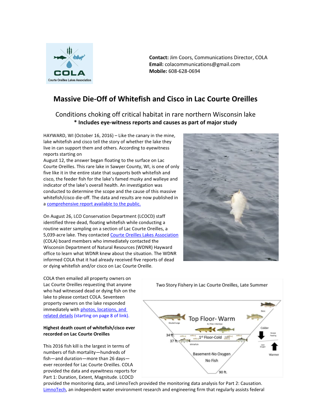 Massive Die-Off of Whitefish and Cisco in Lac Courte Oreilles