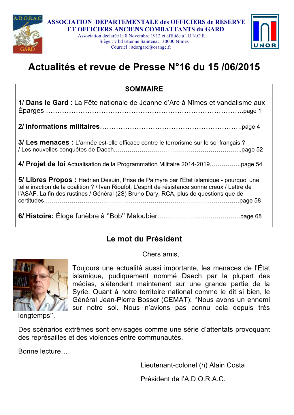 Actualités Et Revue De Presse N°16 Du 15 /06/2015