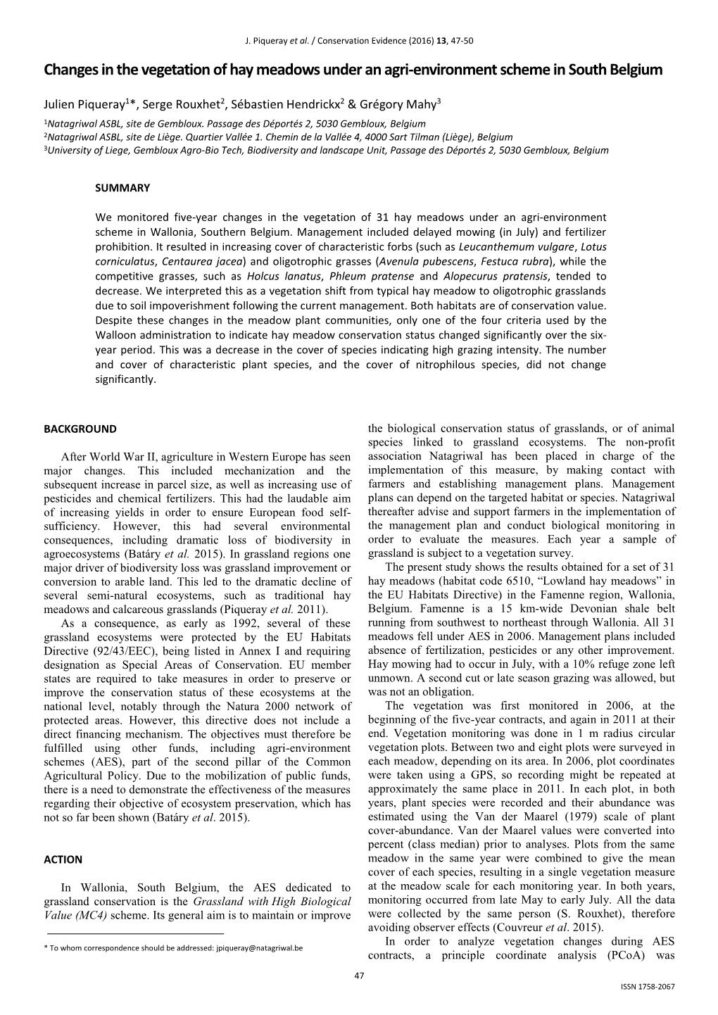 Changes in the Vegetation of Hay Meadows Under an Agri-Environment Scheme in South Belgium