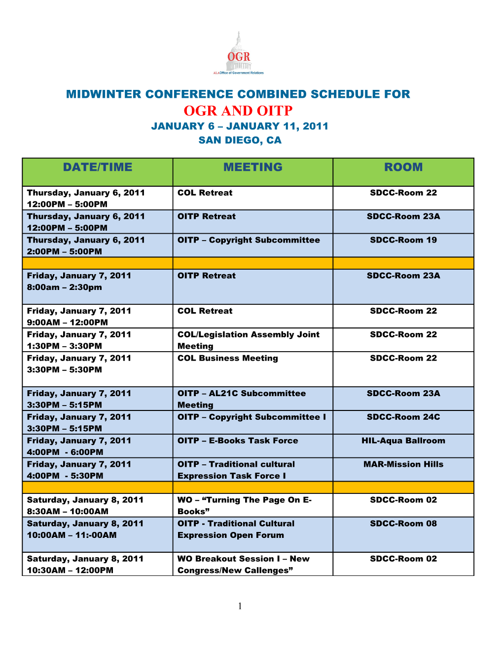 Midwinter Conference Combined Schedule For