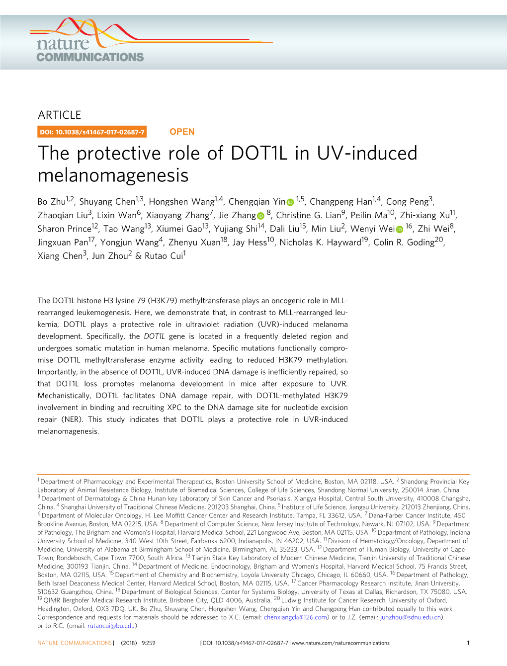 The Protective Role of DOT1L in UV-Induced Melanomagenesis