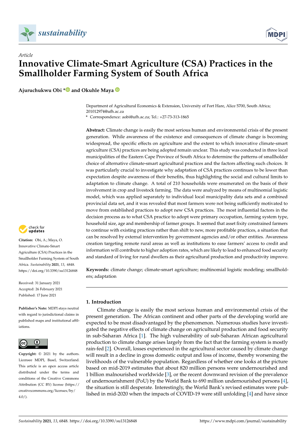Innovative Climate-Smart Agriculture (CSA) Practices in the Smallholder Farming System of South Africa