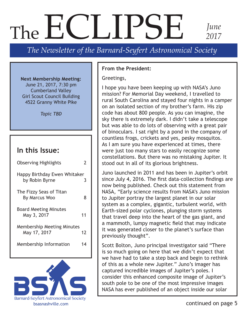 The Newsletter of the Barnard-Seyfert Astronomical Society