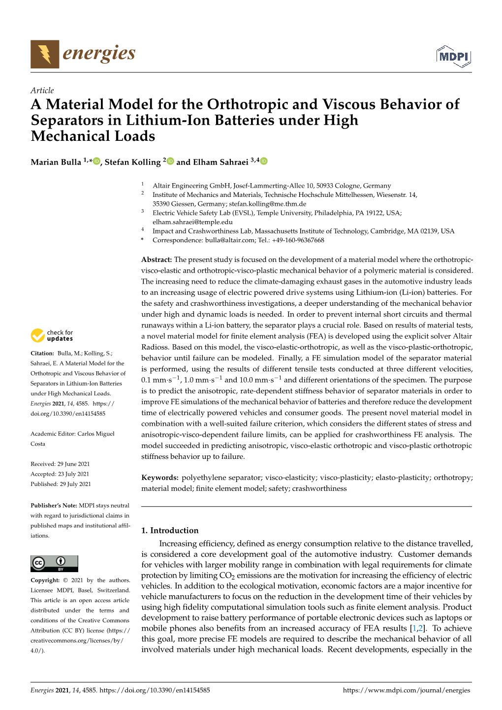 A Material Model for the Orthotropic and Viscous Behavior of Separators in Lithium-Ion Batteries Under High Mechanical Loads