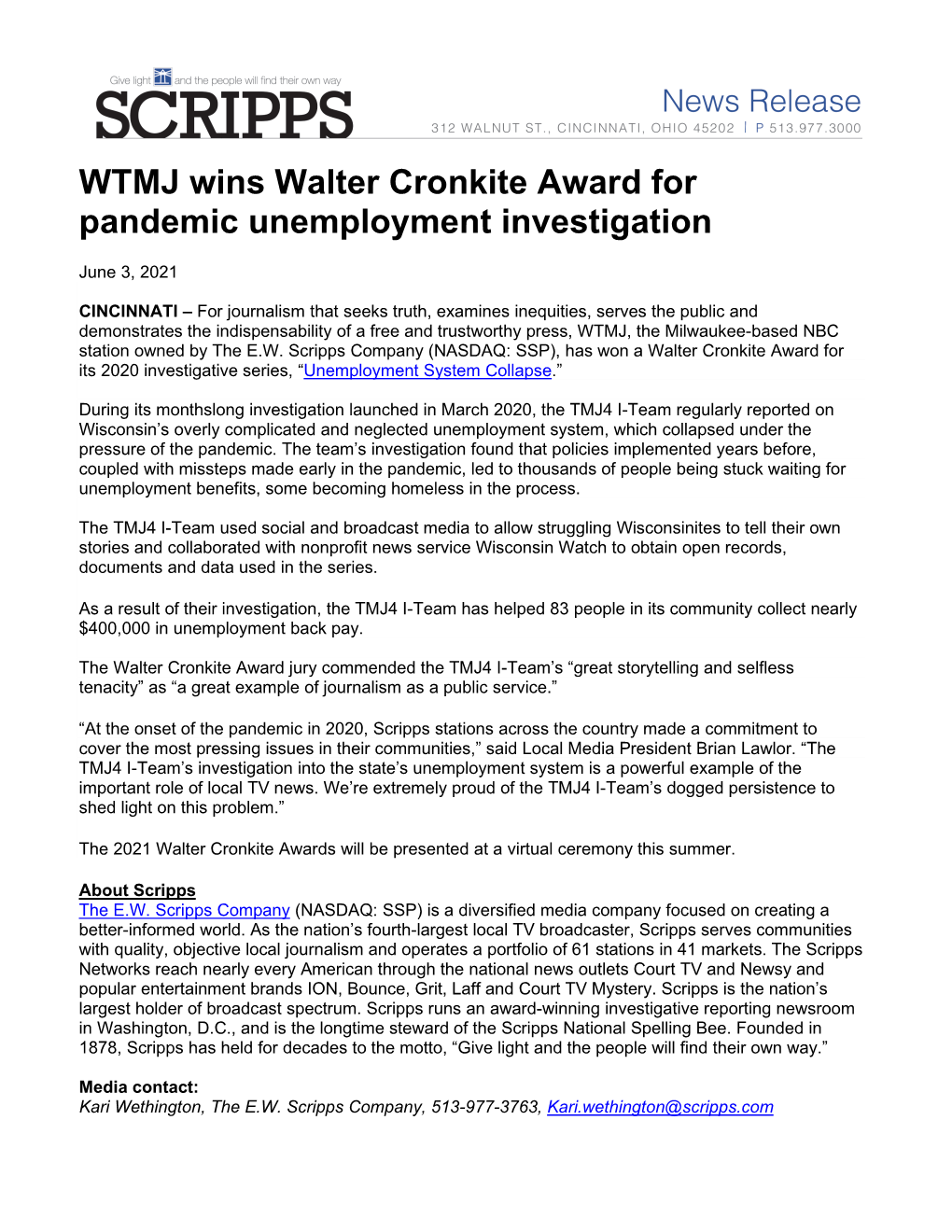 WTMJ Wins Walter Cronkite Award for Pandemic Unemployment Investigation