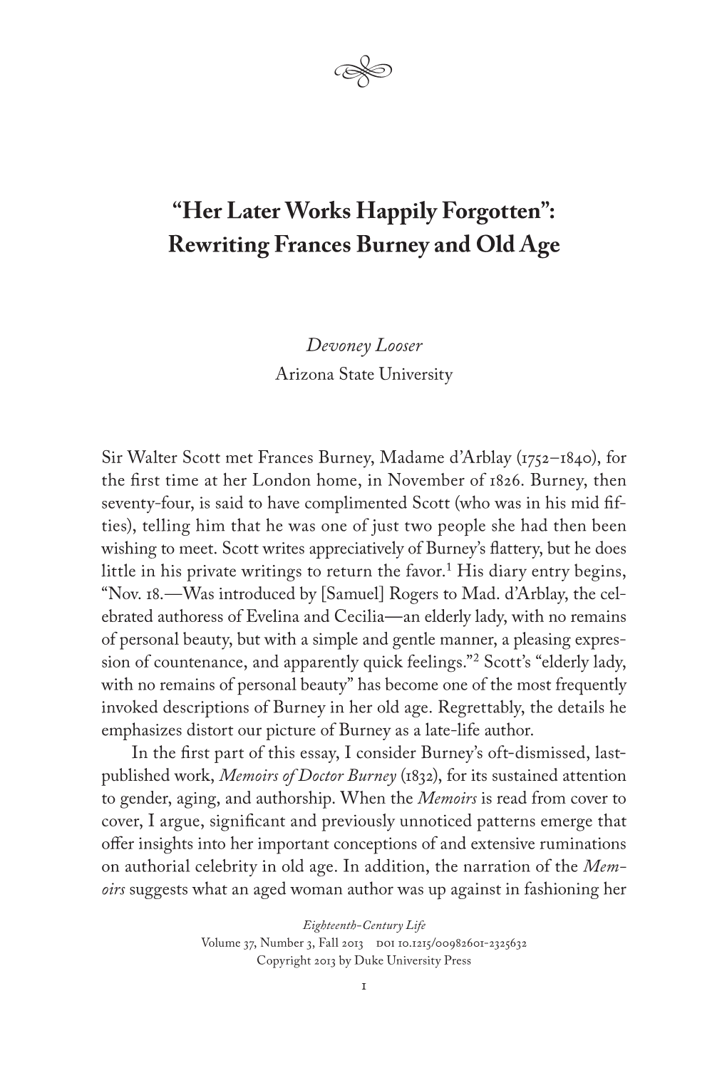 “Her Later Works Happily Forgotten”: Rewriting Frances Burney and Old Age