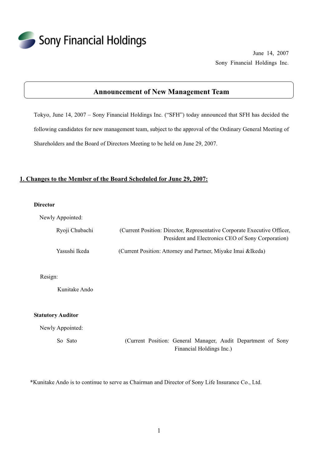Announcement of Executive Appointments(PDF 66KB)