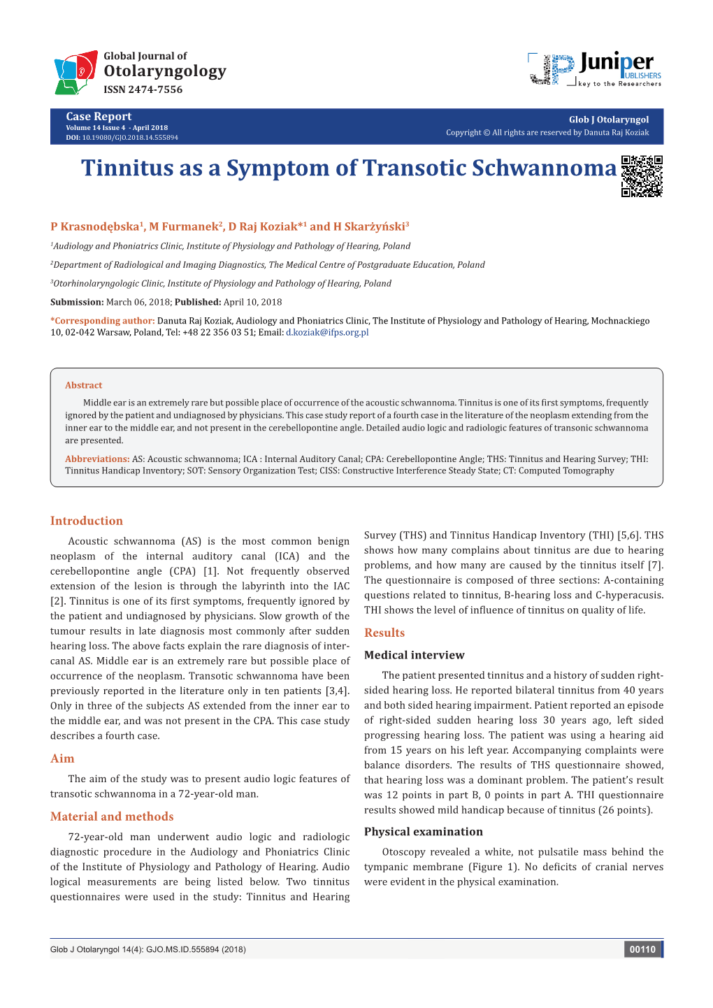 Tinnitus As a Symptom of Transotic Schwannoma